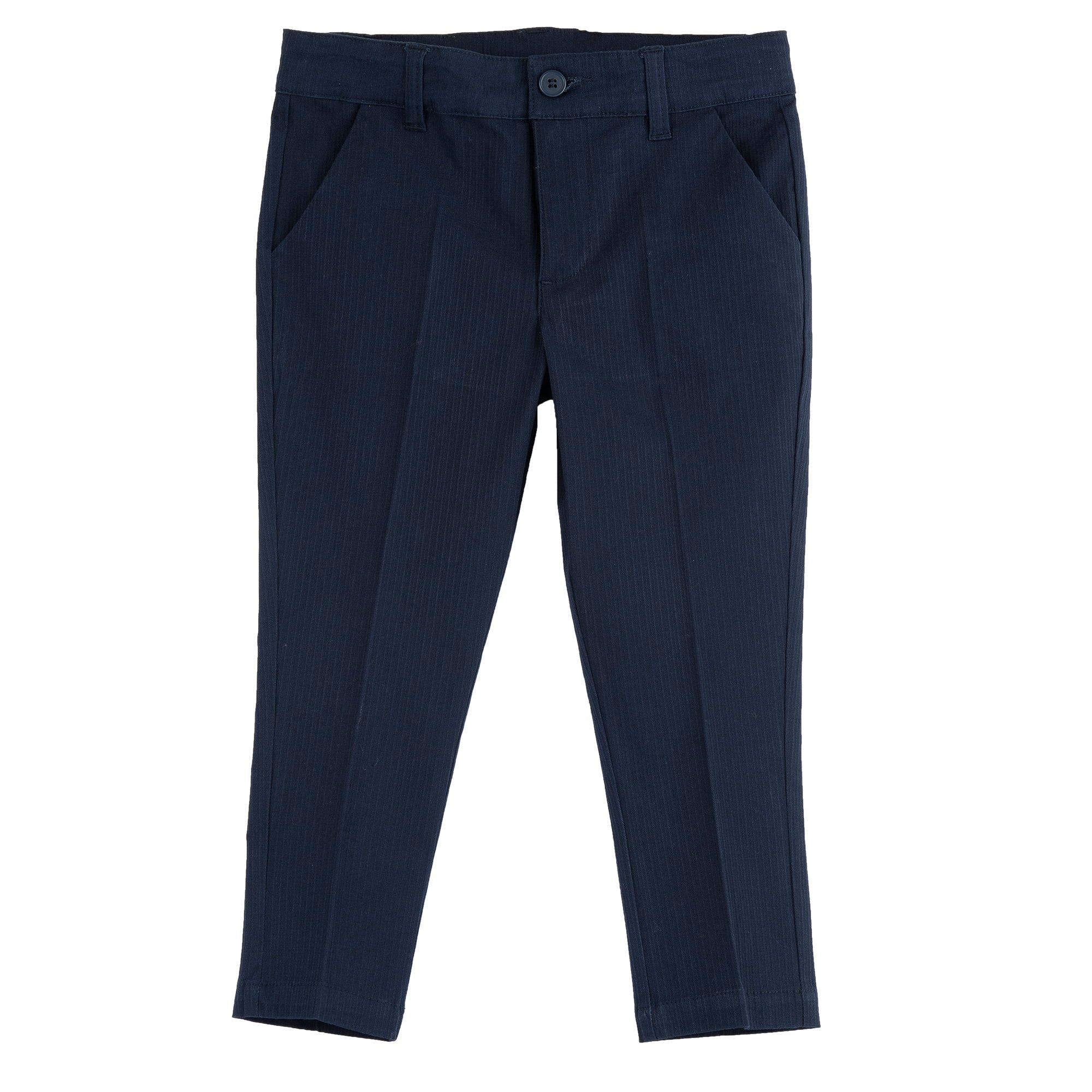 Boys Dark Blue Solid Cotton Stretch Long Trousers with Regular Fit