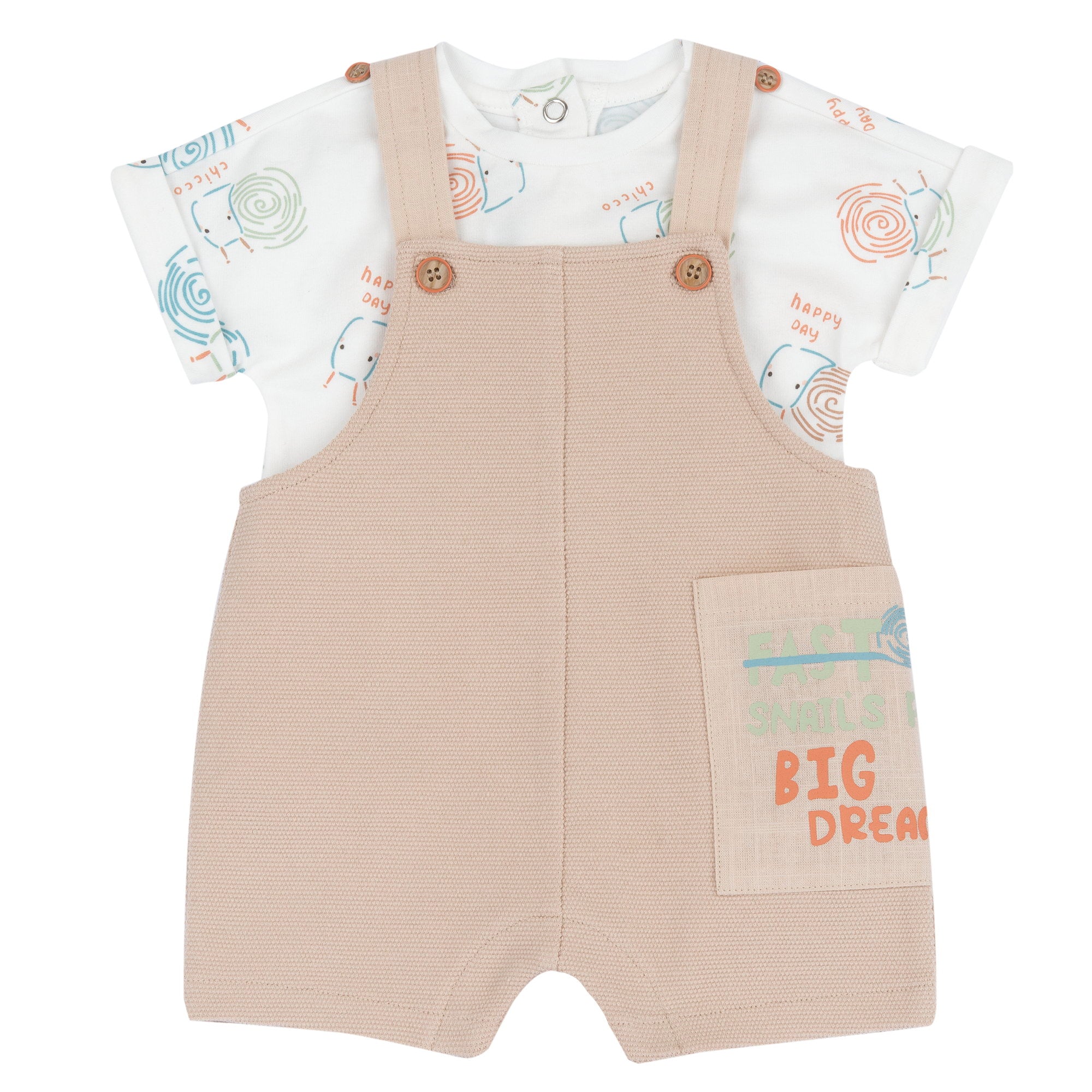 Unisex Medium Natural Printed Cotton Blend Bodysuit and Short Overalls Set