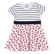 Girls White Floral Printed Cotton Stretch A-Line Dress with Short Sleeves