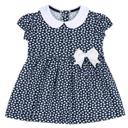 Girls Dark Blue Printed Cotton A-Line Dress with Peter Pan Collar