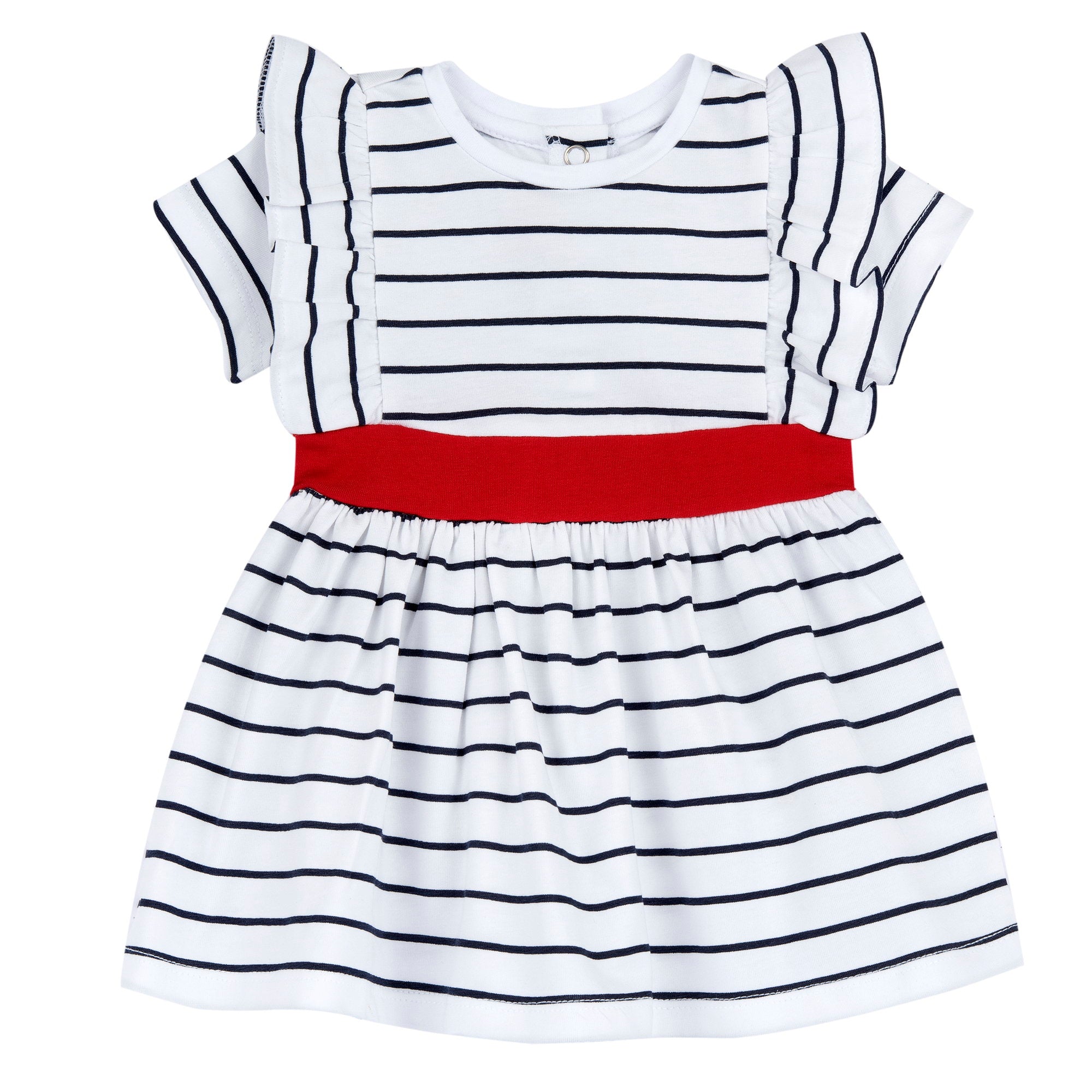 Girls White Striped Cotton Stretch A-Line Dress with Cap Sleeves