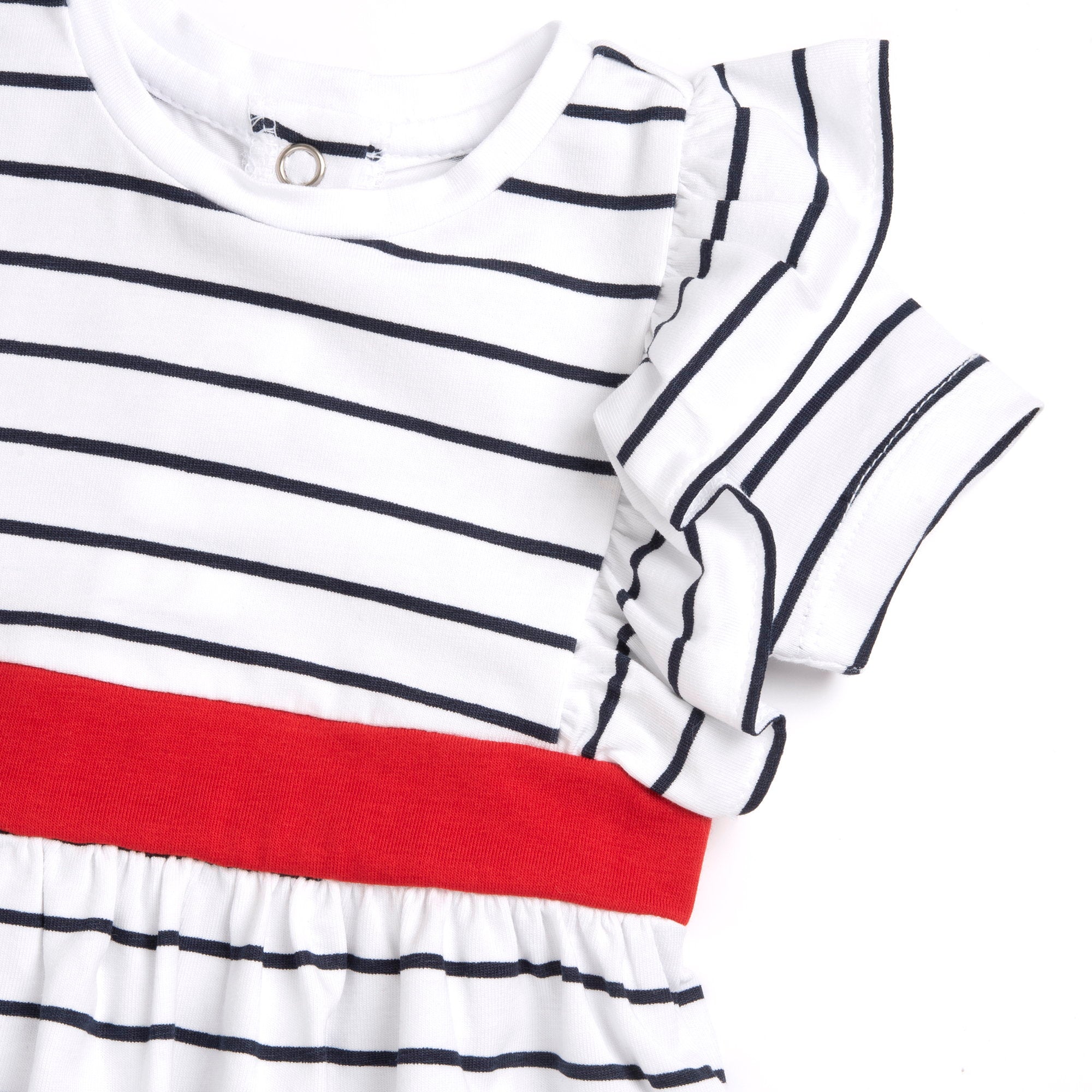 Girls White Striped Cotton Stretch A-Line Dress with Cap Sleeves
