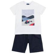 Boys White Graphic Printed Cotton T-Shirt and Shorts Set