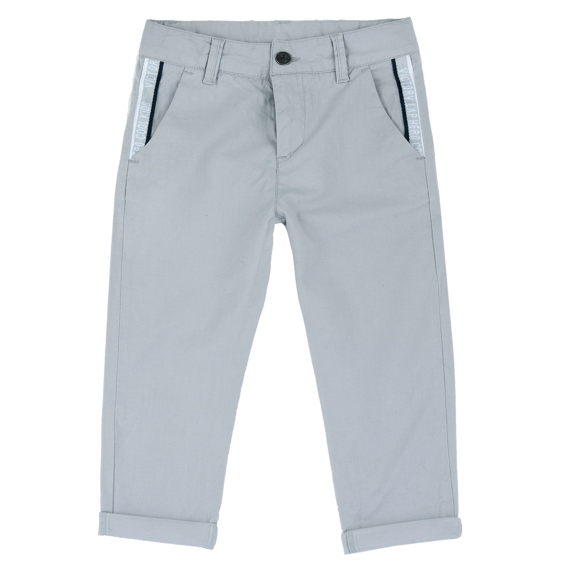 Boys Light Grey Solid Cotton Stretch Long Trousers with Regular Fit