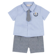 Boys Light Blue Embroidered Cotton Shirt and Blend Shorts Set