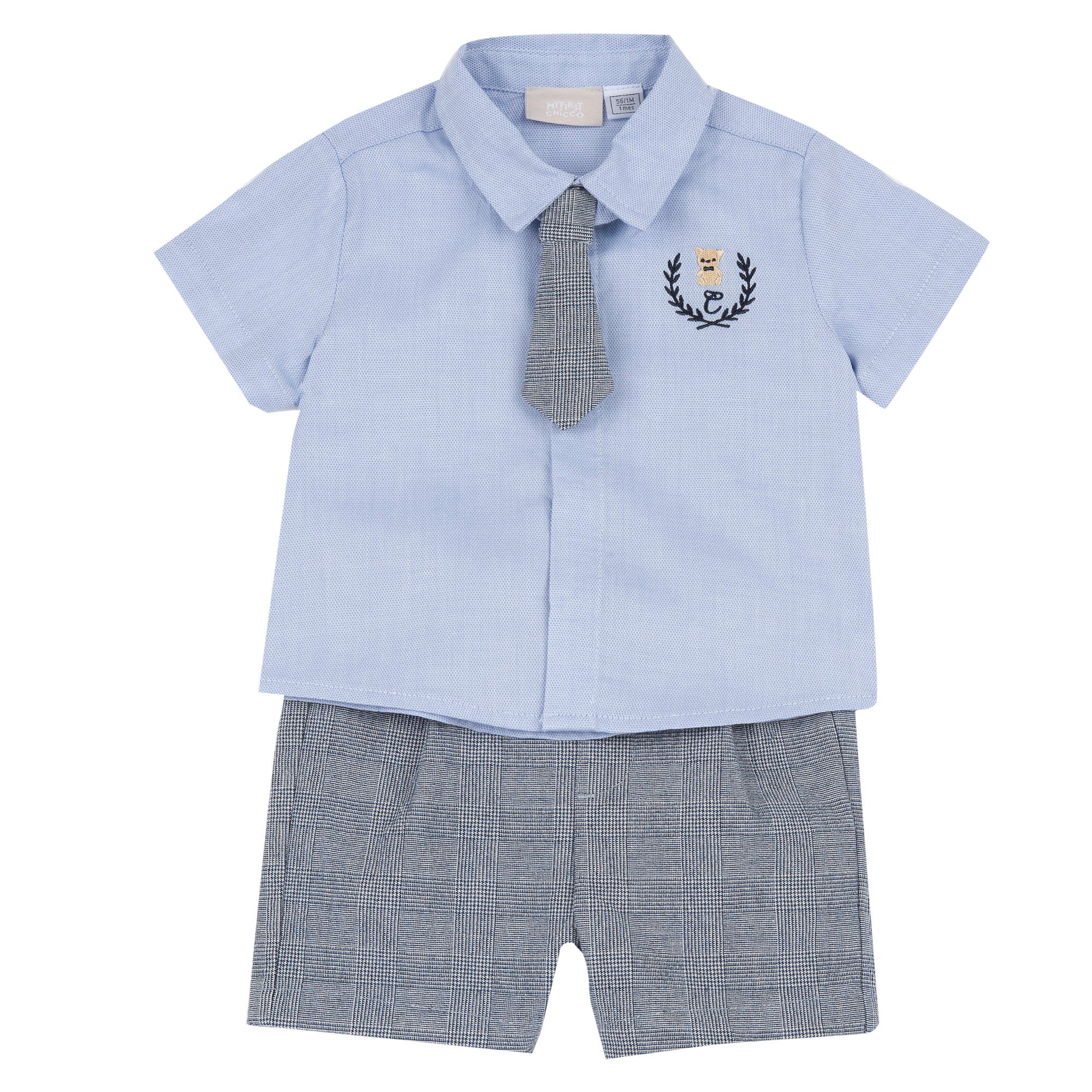 Boys Light Blue Embroidered Cotton Shirt and Blend Shorts Set