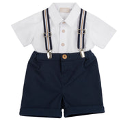Boys Dark Blue Solid Cotton Shirt and Stretch Shorts Set