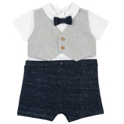 Boys Dark Blue Solid Cotton Blend Collared Short Sleeve Romper