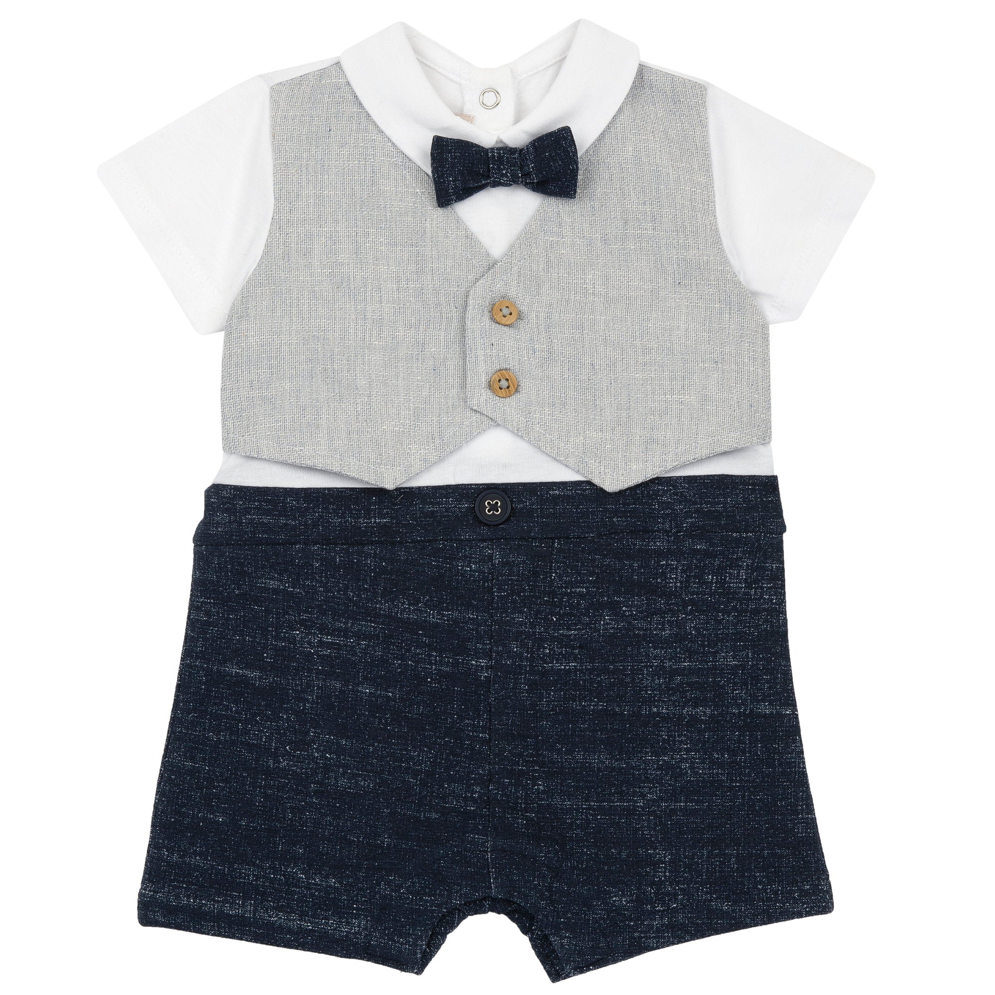 Boys Dark Blue Solid Cotton Blend Collared Short Sleeve Romper
