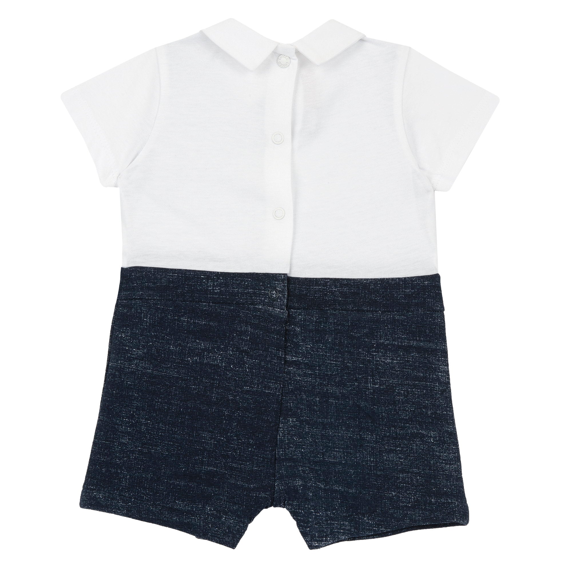 Boys Dark Blue Solid Cotton Blend Collared Short Sleeve Romper