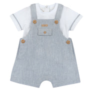 Boys White and Blue Applique Cotton T-Shirt and Linen Blend Short Overalls Set