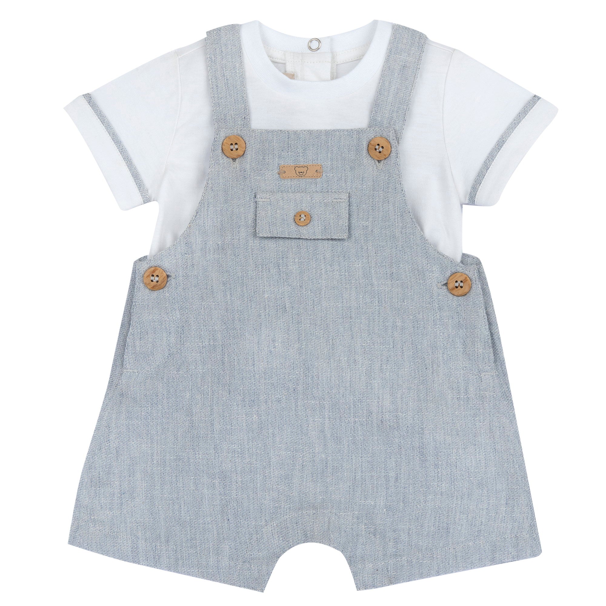 Boys White and Blue Applique Cotton T-Shirt and Linen Blend Short Overalls Set