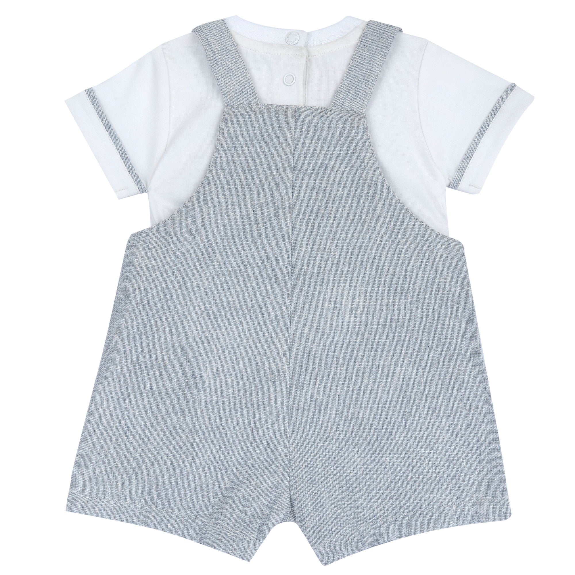 Boys White and Blue Applique Cotton T-Shirt and Linen Blend Short Overalls Set