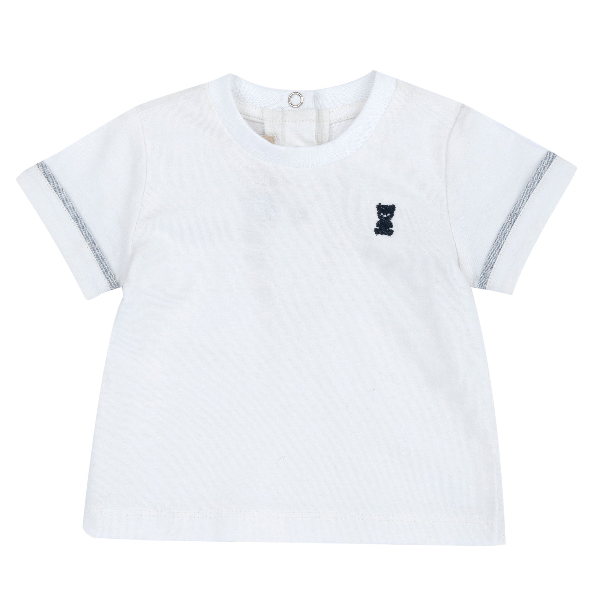 Boys White and Blue Applique Cotton T-Shirt and Linen Blend Short Overalls Set