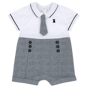 Boys White and Blue Checked Cotton Blend Collared Short Sleeve Romper
