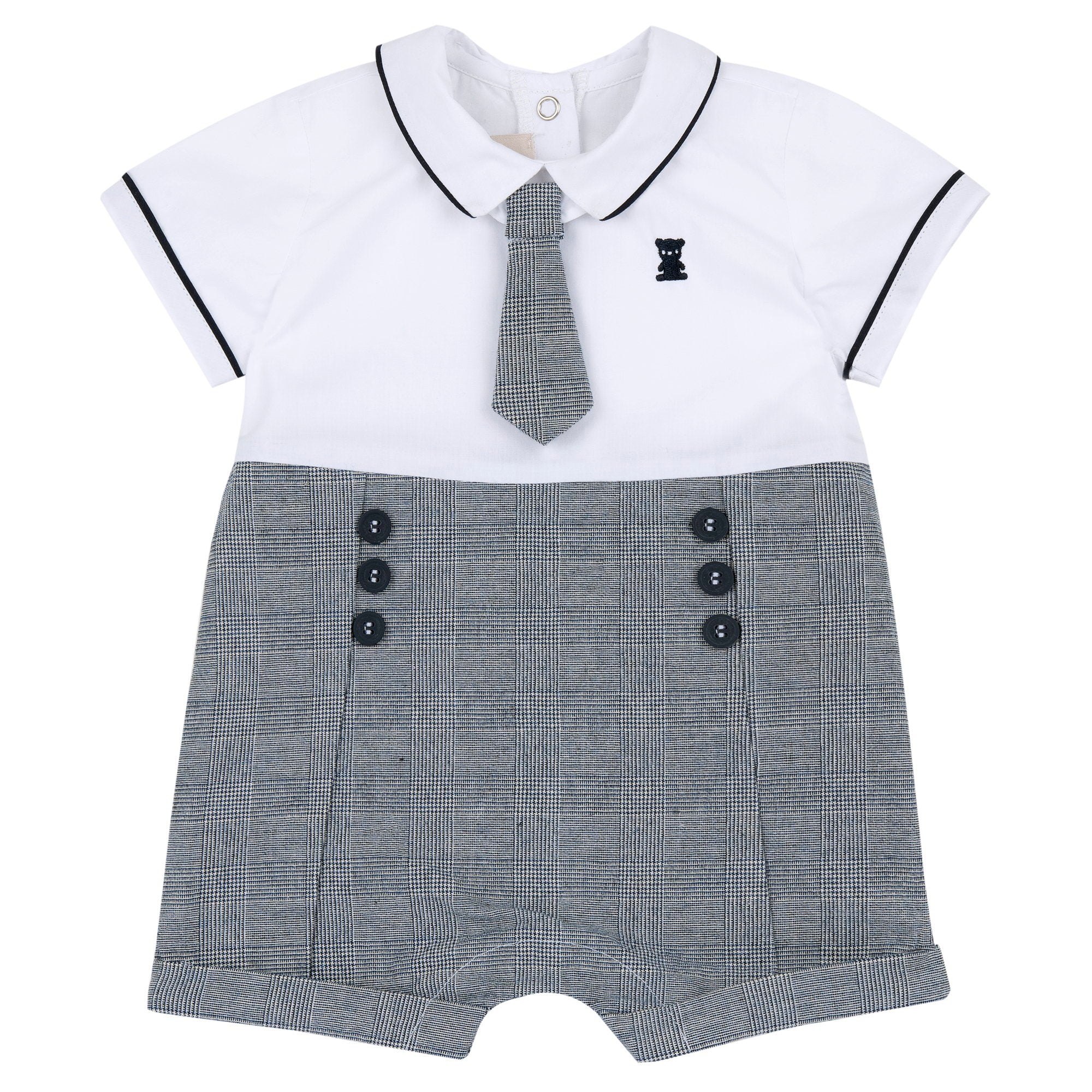 Boys White and Blue Checked Cotton Blend Collared Short Sleeve Romper