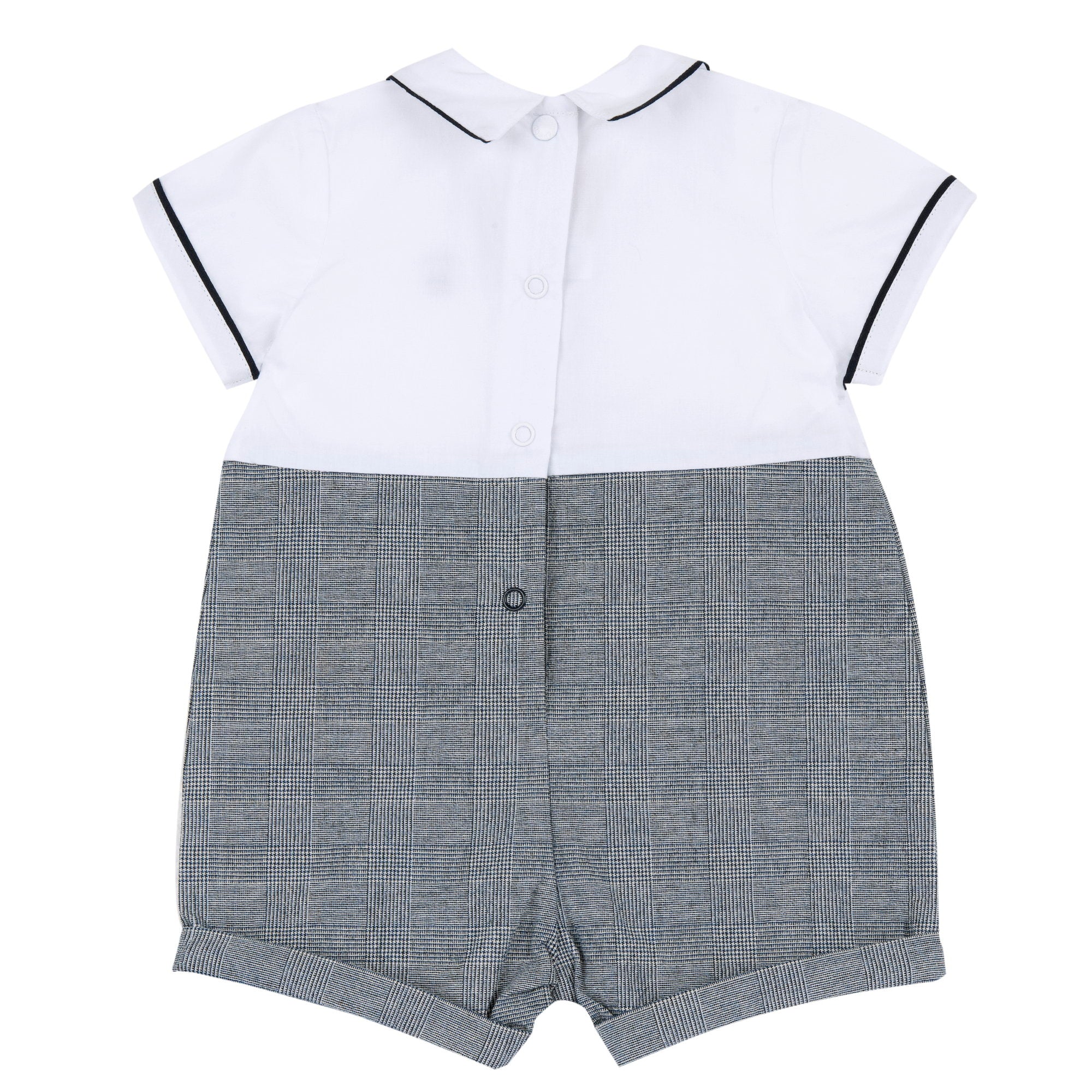 Boys White and Blue Checked Cotton Blend Collared Short Sleeve Romper
