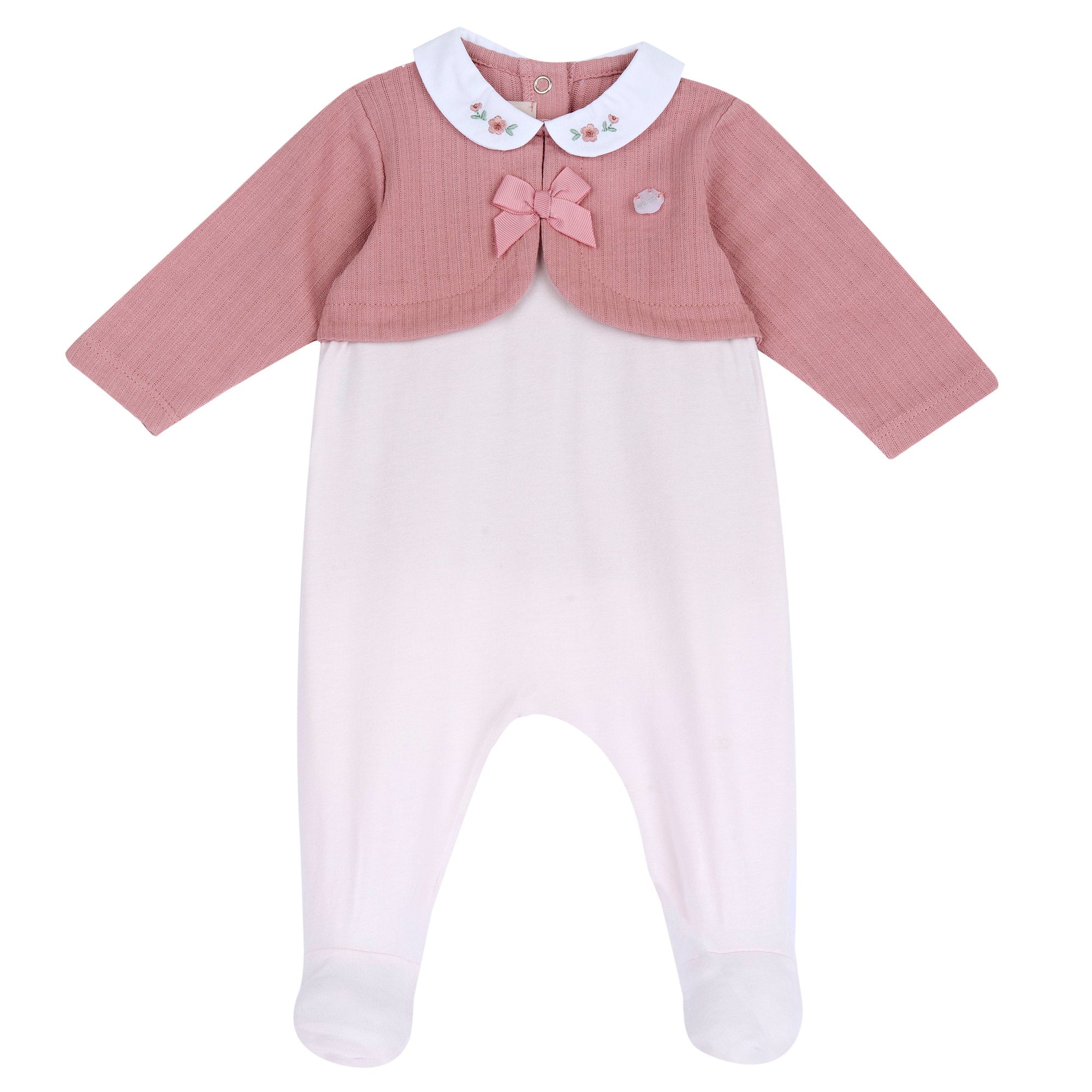 Girls Light Pink Embellished Cotton Blend Nappy Opening Babysuit with Peter Pan Collar
