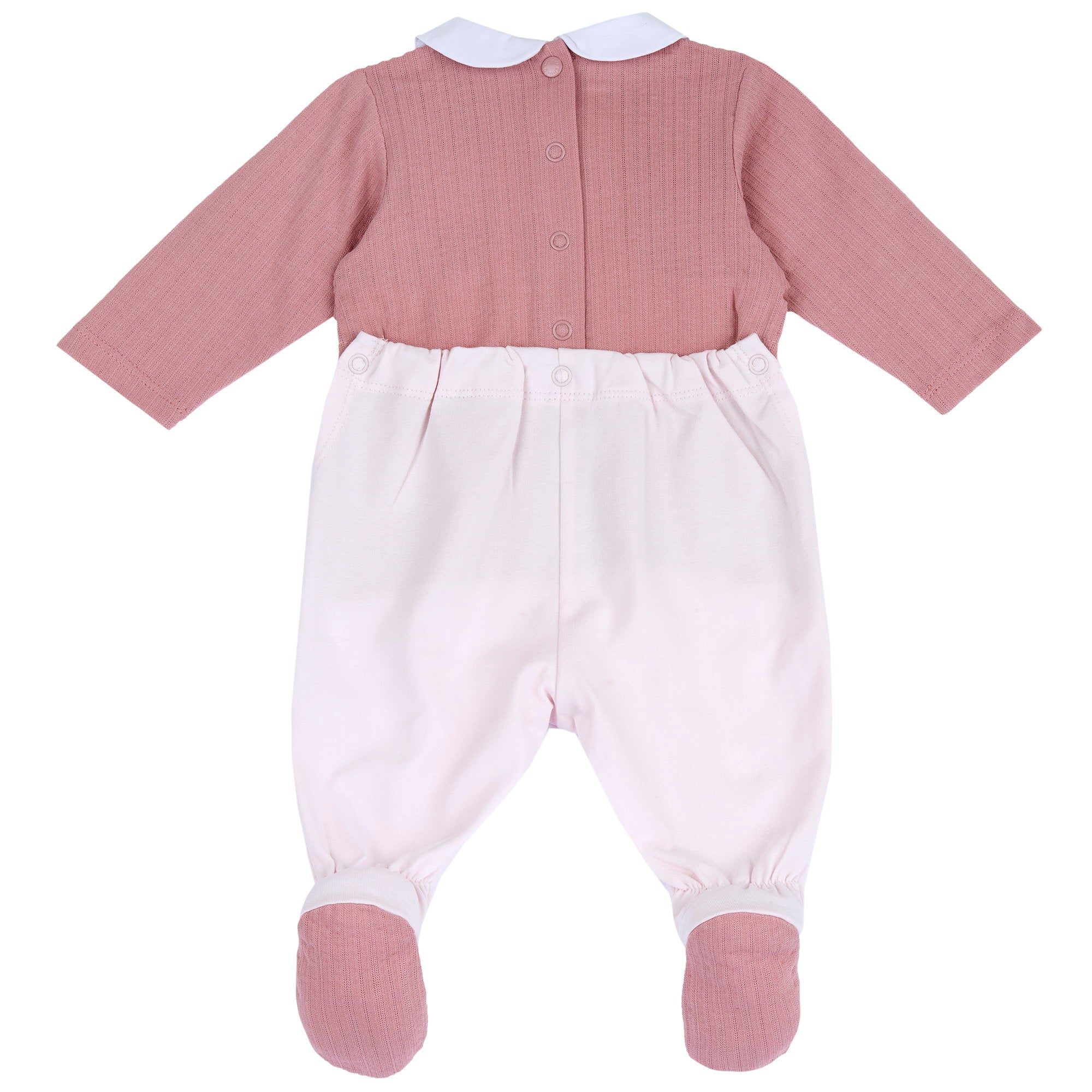Girls Light Pink Embellished Cotton Blend Nappy Opening Babysuit with Peter Pan Collar