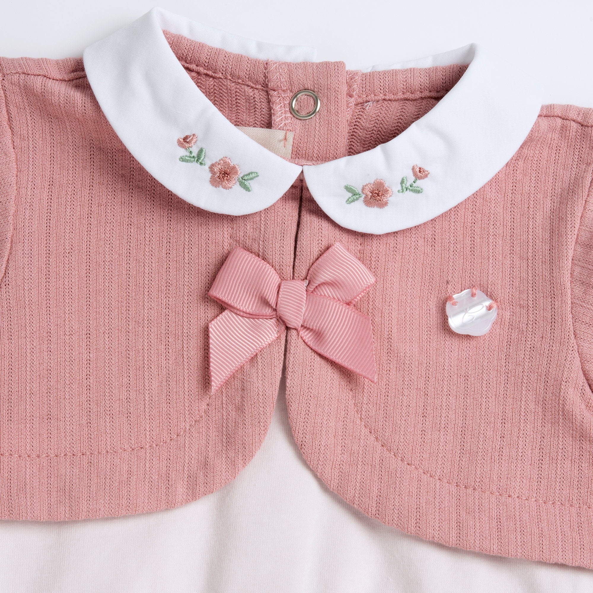 Girls Light Pink Embellished Cotton Blend Nappy Opening Babysuit with Peter Pan Collar