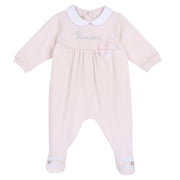 Girls Light Pink Embellished Cotton Blend Nappy Opening Babysuit with Peter Pan Collar