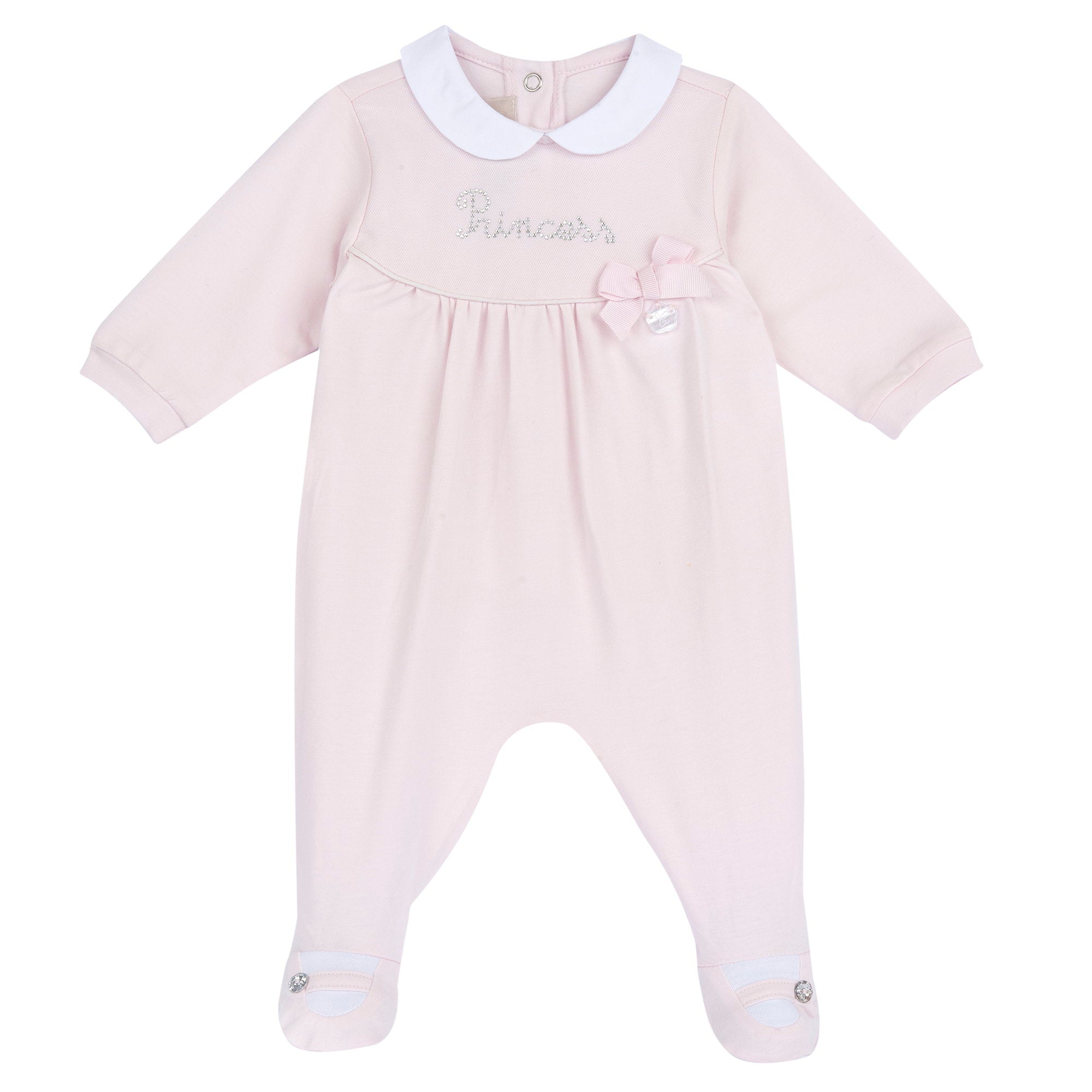 Girls Light Pink Embellished Cotton Blend Nappy Opening Babysuit with Peter Pan Collar