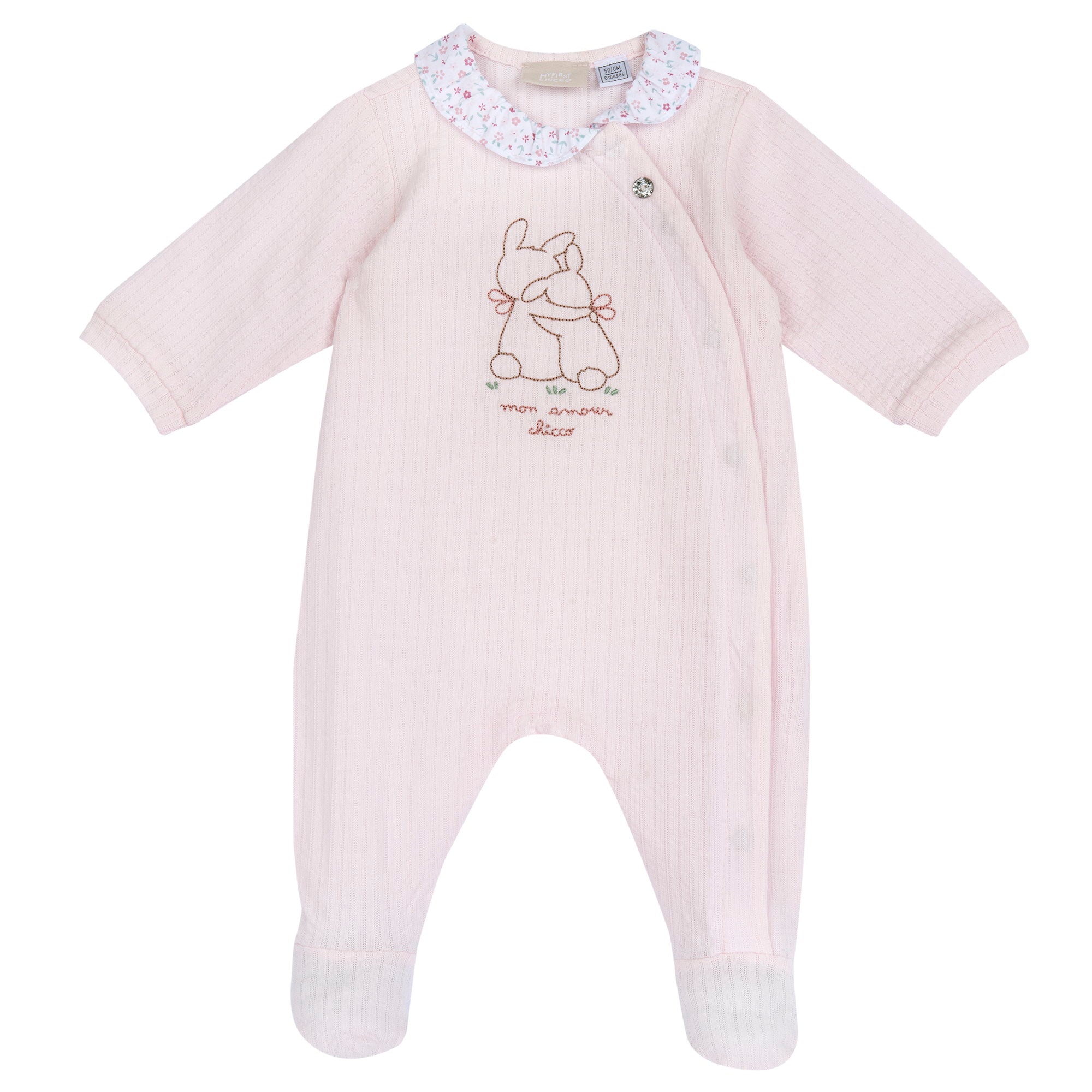 Girls Light Pink Embroidered Cotton Front Opening Babysuit with Peter Pan Collar