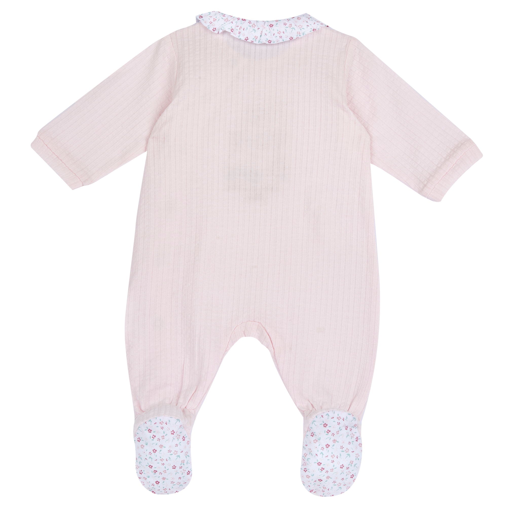Girls Light Pink Embroidered Cotton Front Opening Babysuit with Peter Pan Collar