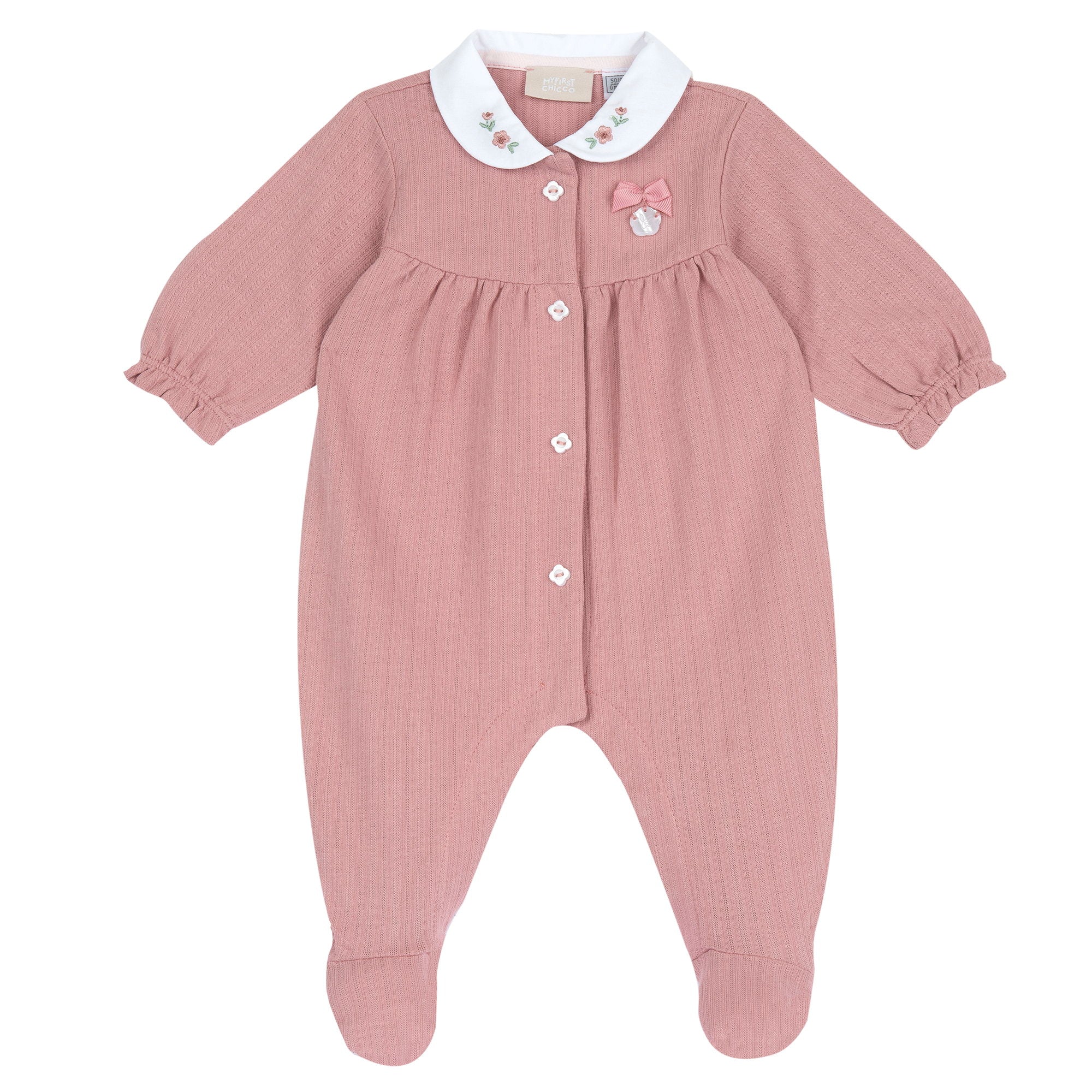 Girls Medium Pink Embellished Cotton Front Opening Babysuit with Peter Pan Collar