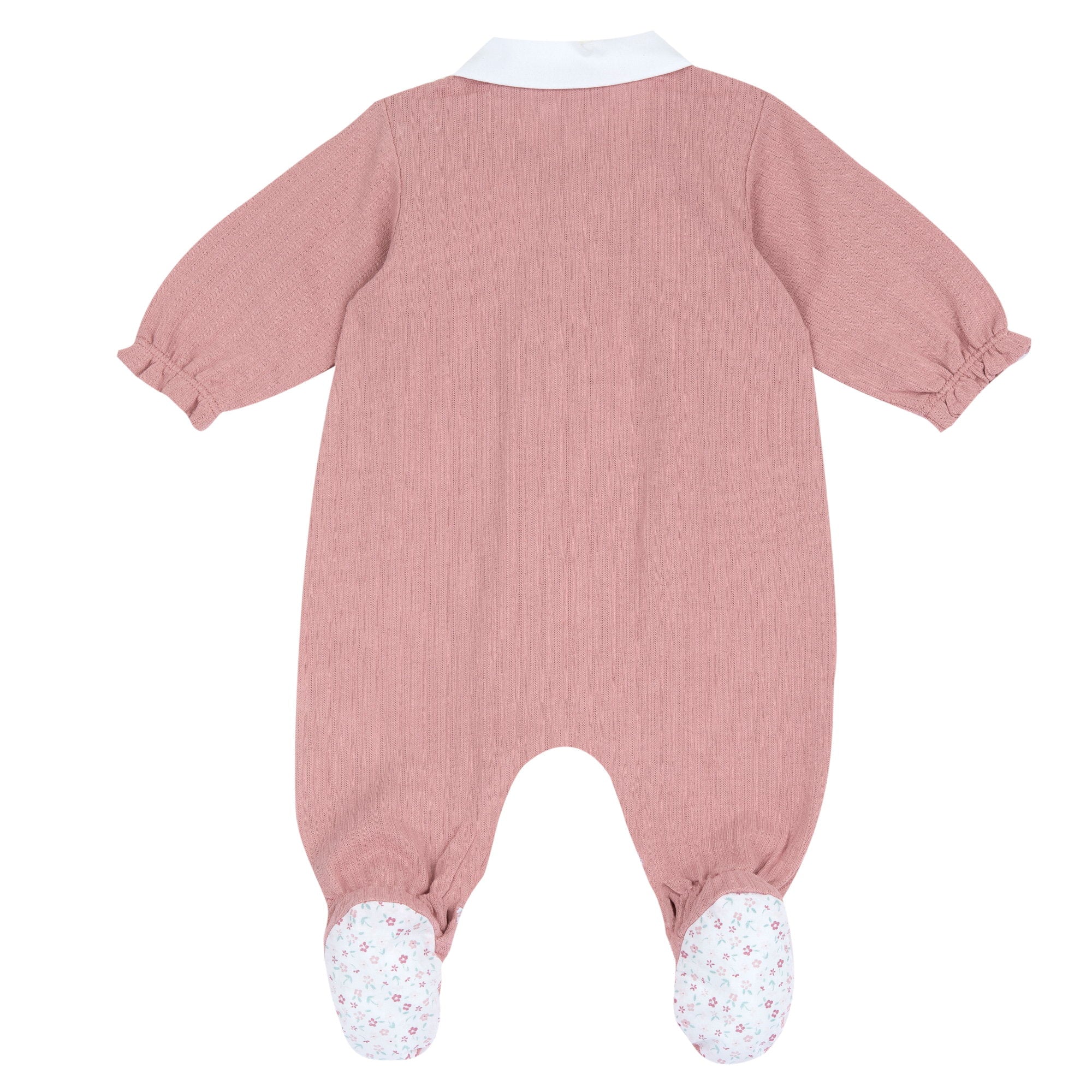 Girls Medium Pink Embellished Cotton Front Opening Babysuit with Peter Pan Collar