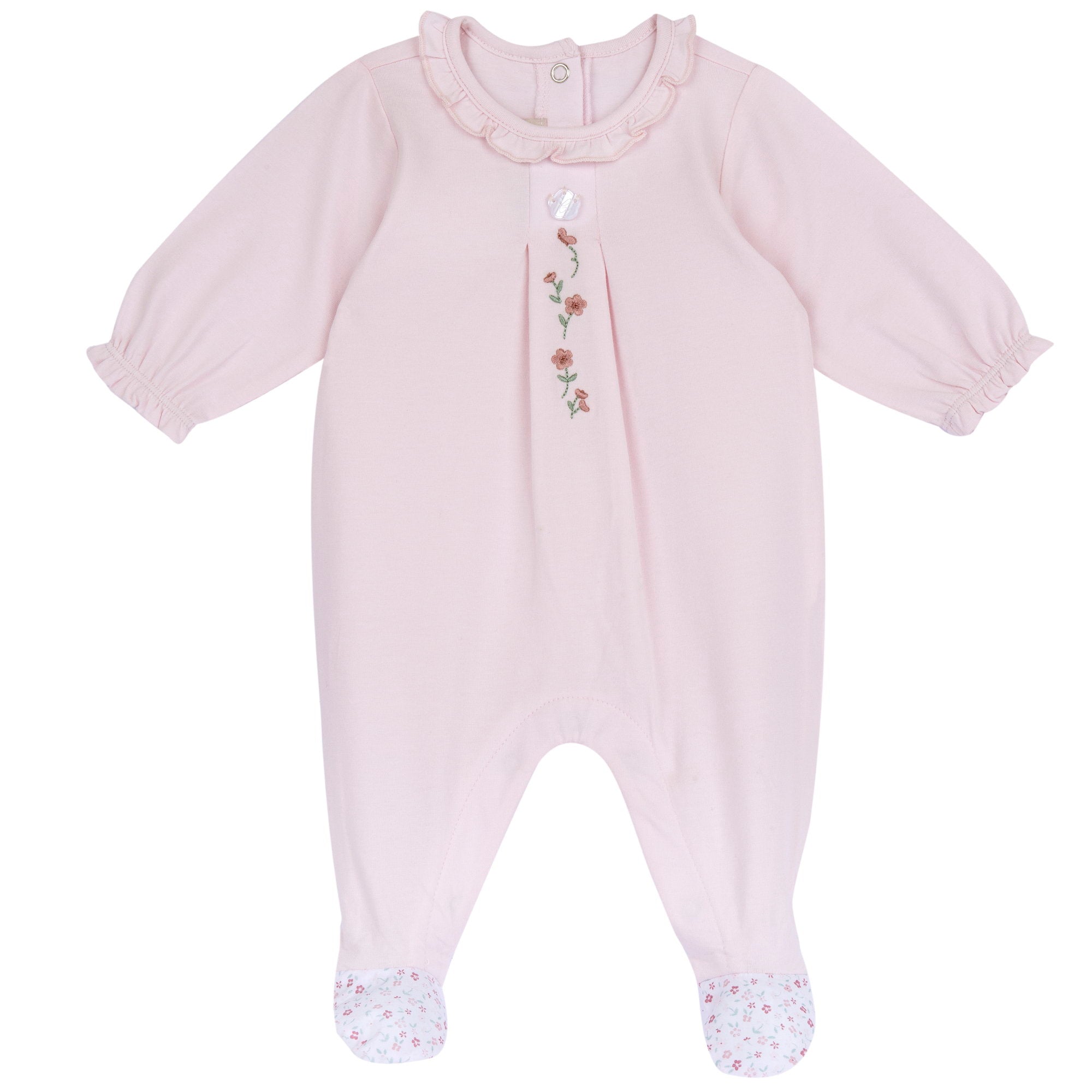 Girls Light Pink Embroidered Cotton Stretch Leg Opening Babysuit with Full Sleeves
