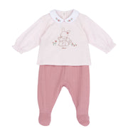 Girls Medium Pink Embroidered Cotton Baby Smock and Leggings Set