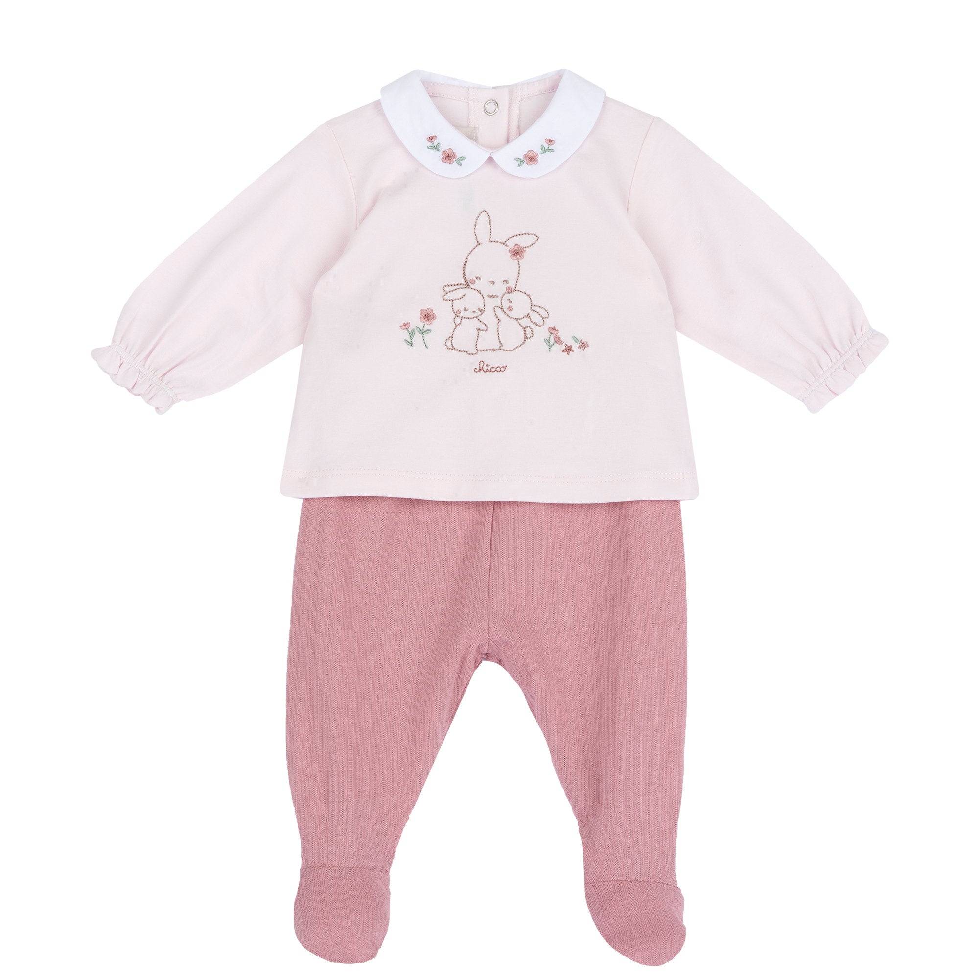 Girls Medium Pink Embroidered Cotton Baby Smock and Leggings Set