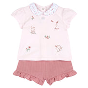 Medium Pink Embroidered Peter Pan Collar Top & Bloomers Set for Girls