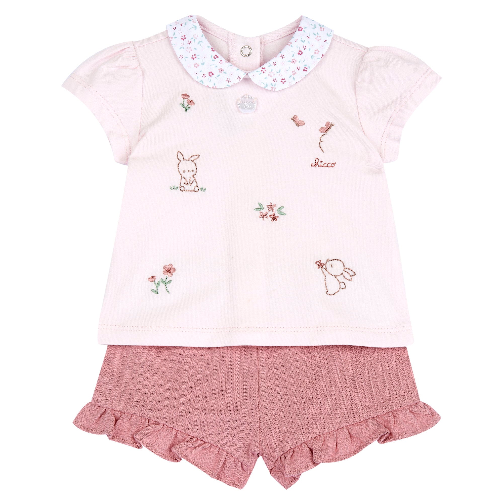 Medium Pink Embroidered Peter Pan Collar Top & Bloomers Set for Girls