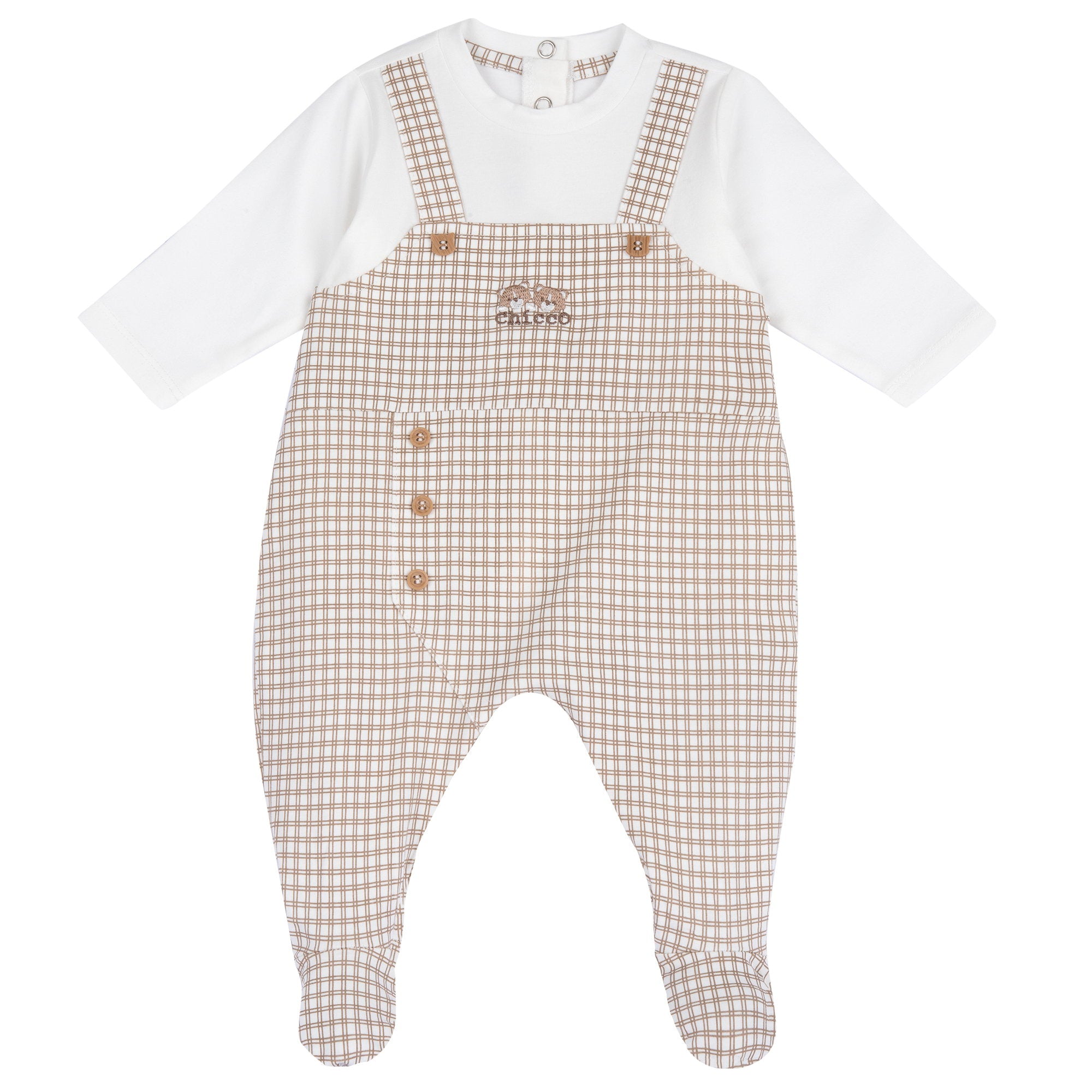 Checked Cotton Stretch Nappy-Opening Babysuit for Boys in Natural Print