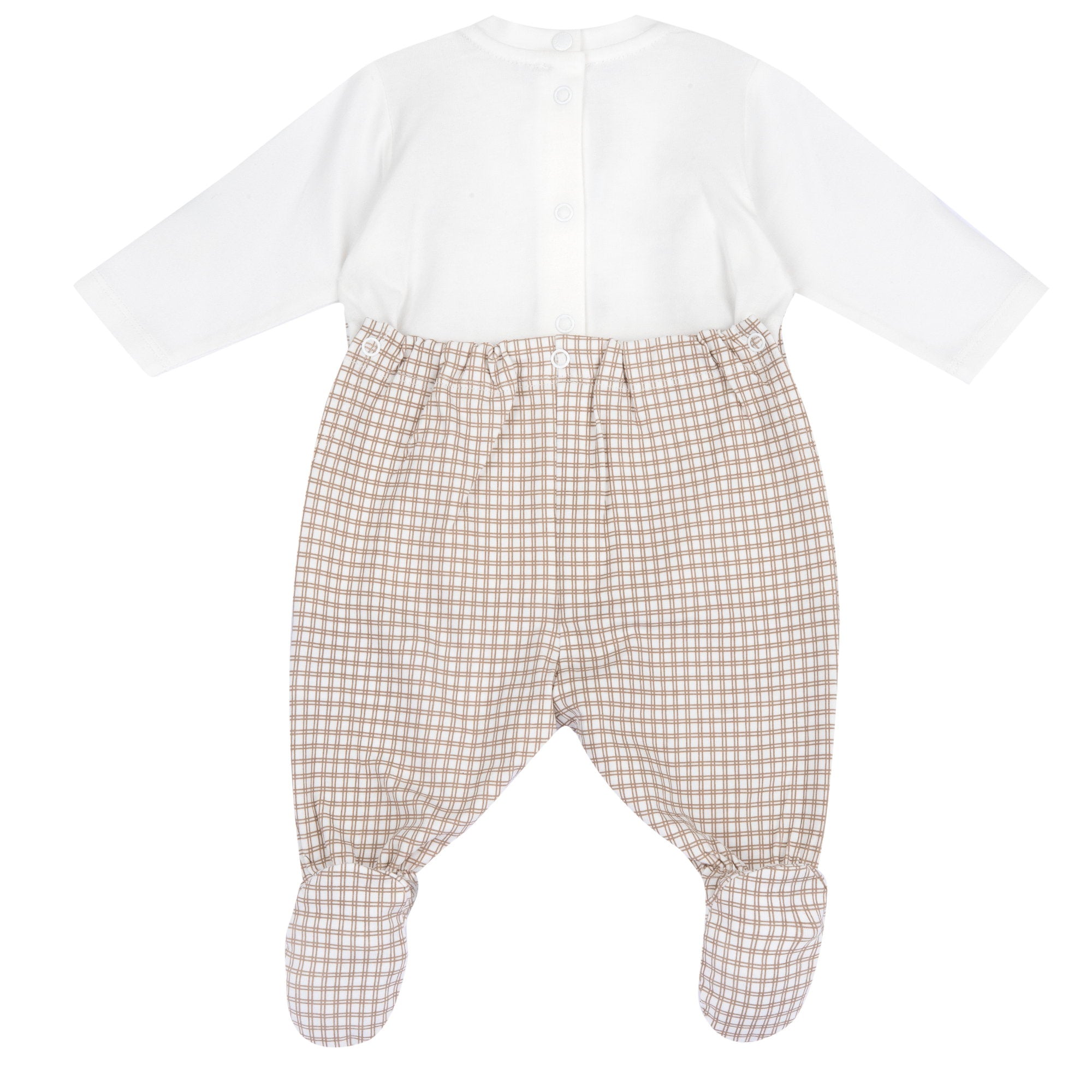 Checked Cotton Stretch Nappy-Opening Babysuit for Boys in Natural Print