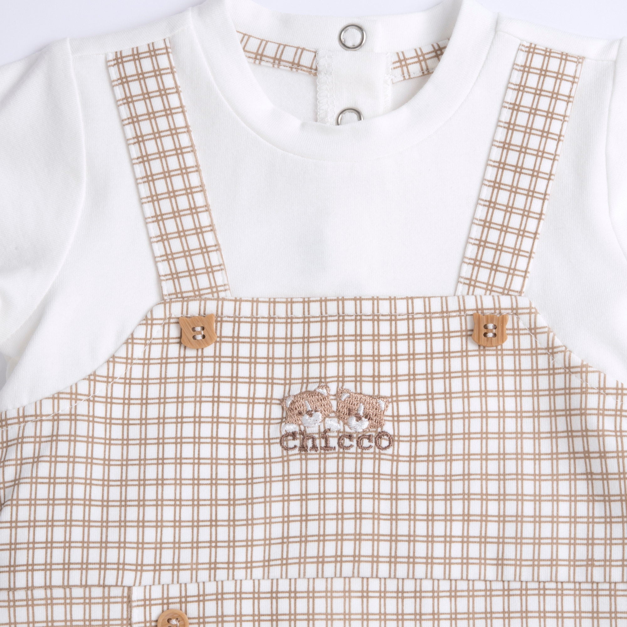 Checked Cotton Stretch Nappy-Opening Babysuit for Boys in Natural Print