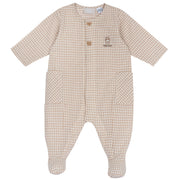 Checked Front-Button Cotton Babysuit for Boys in Light Natural