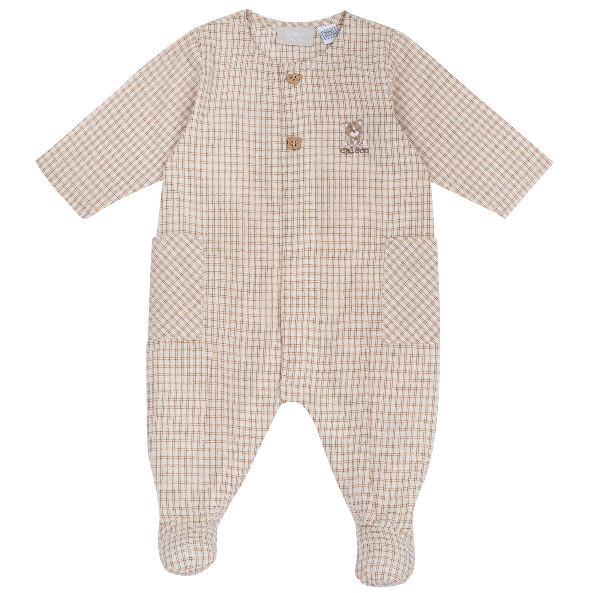 Checked Front-Button Cotton Babysuit for Boys in Light Natural