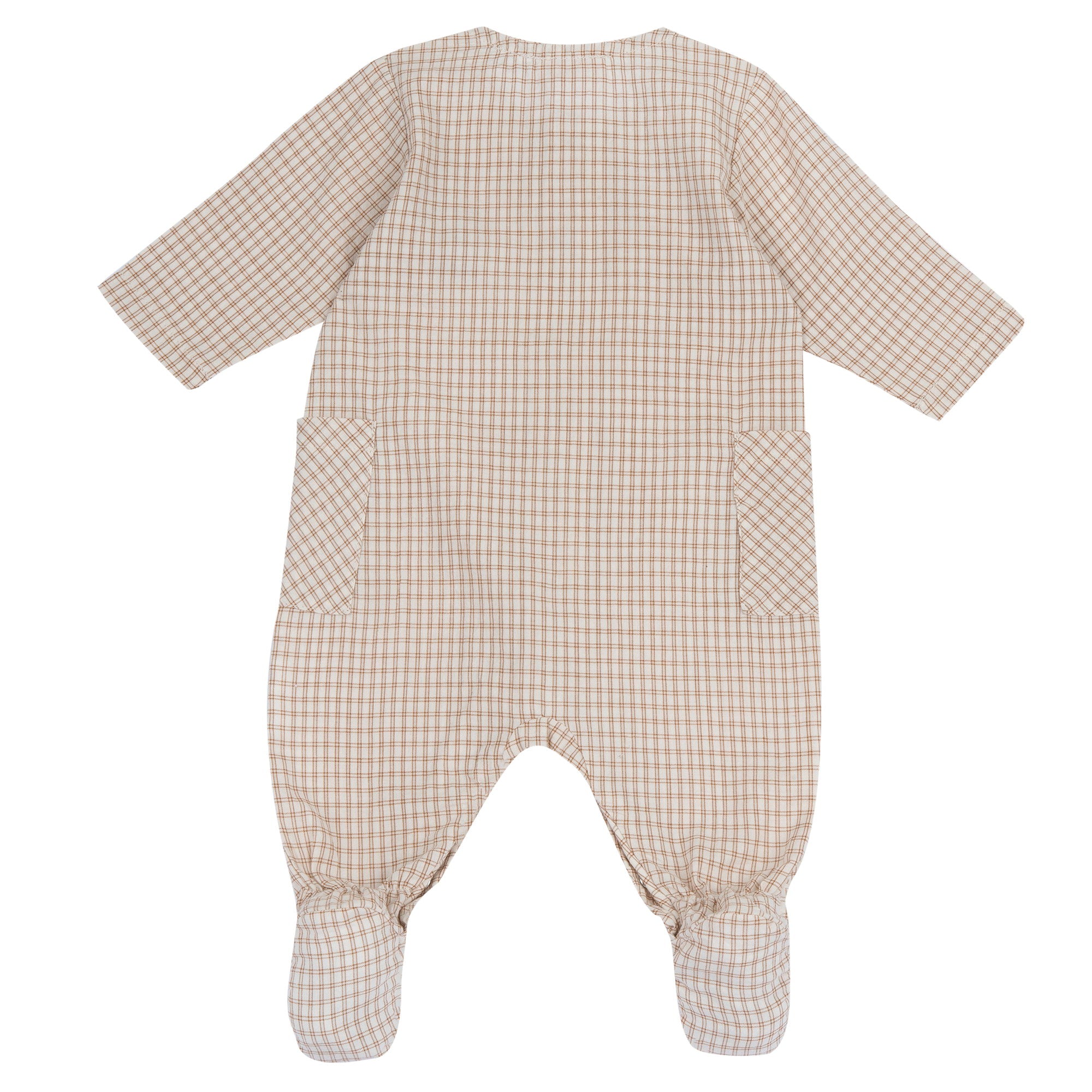 Checked Front-Button Cotton Babysuit for Boys in Light Natural