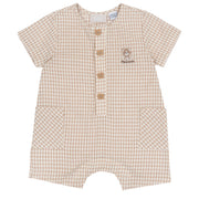 Light Natural Checked Cotton Romper for Boys with Short Sleeves