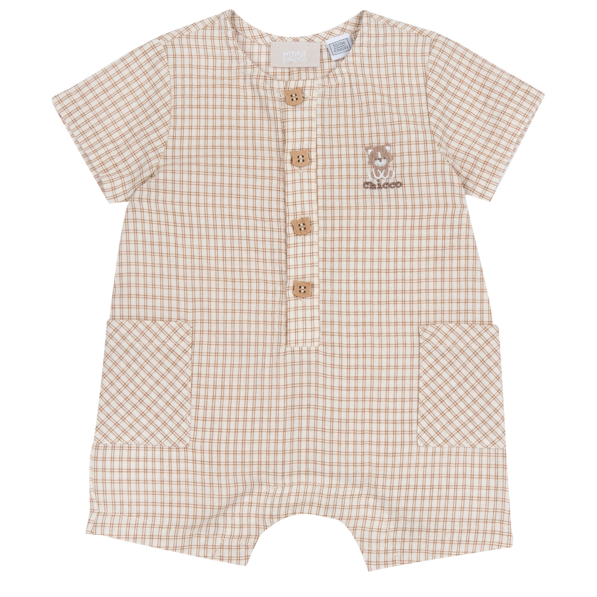 Light Natural Checked Cotton Romper for Boys with Short Sleeves