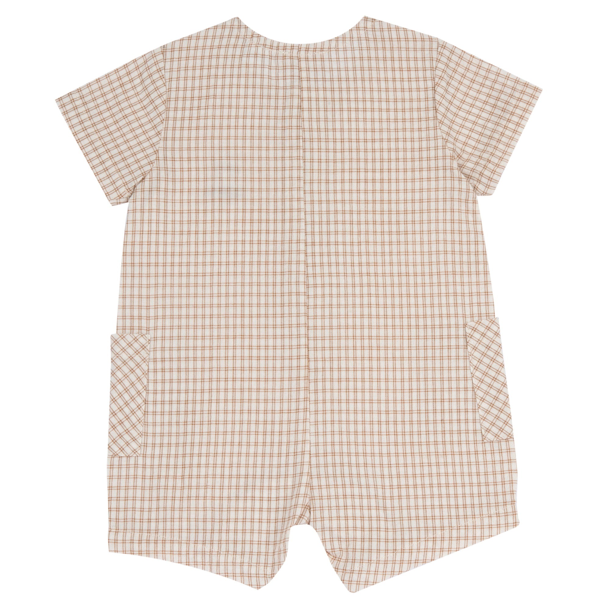 Light Natural Checked Cotton Romper for Boys with Short Sleeves