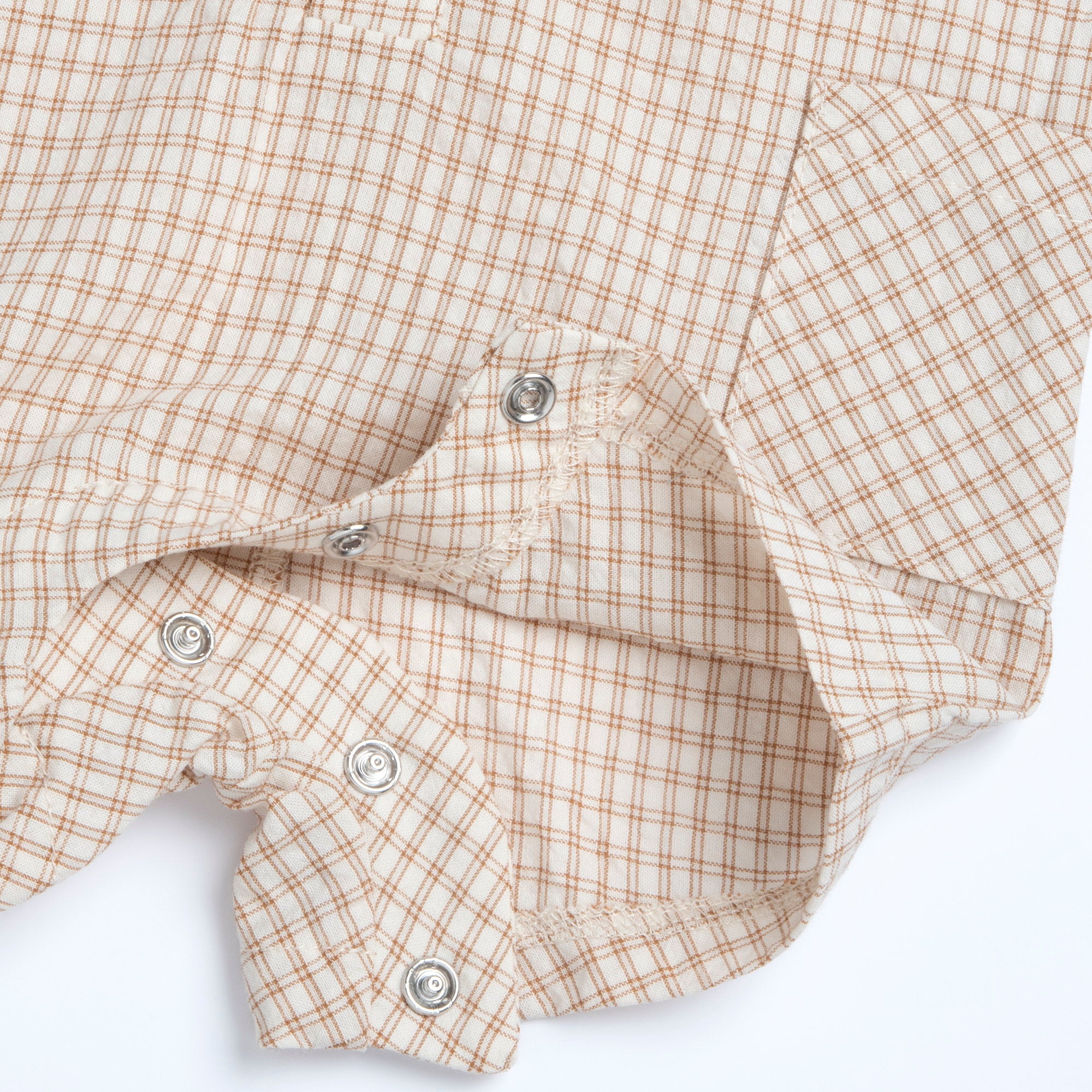 Light Natural Checked Cotton Romper for Boys with Short Sleeves