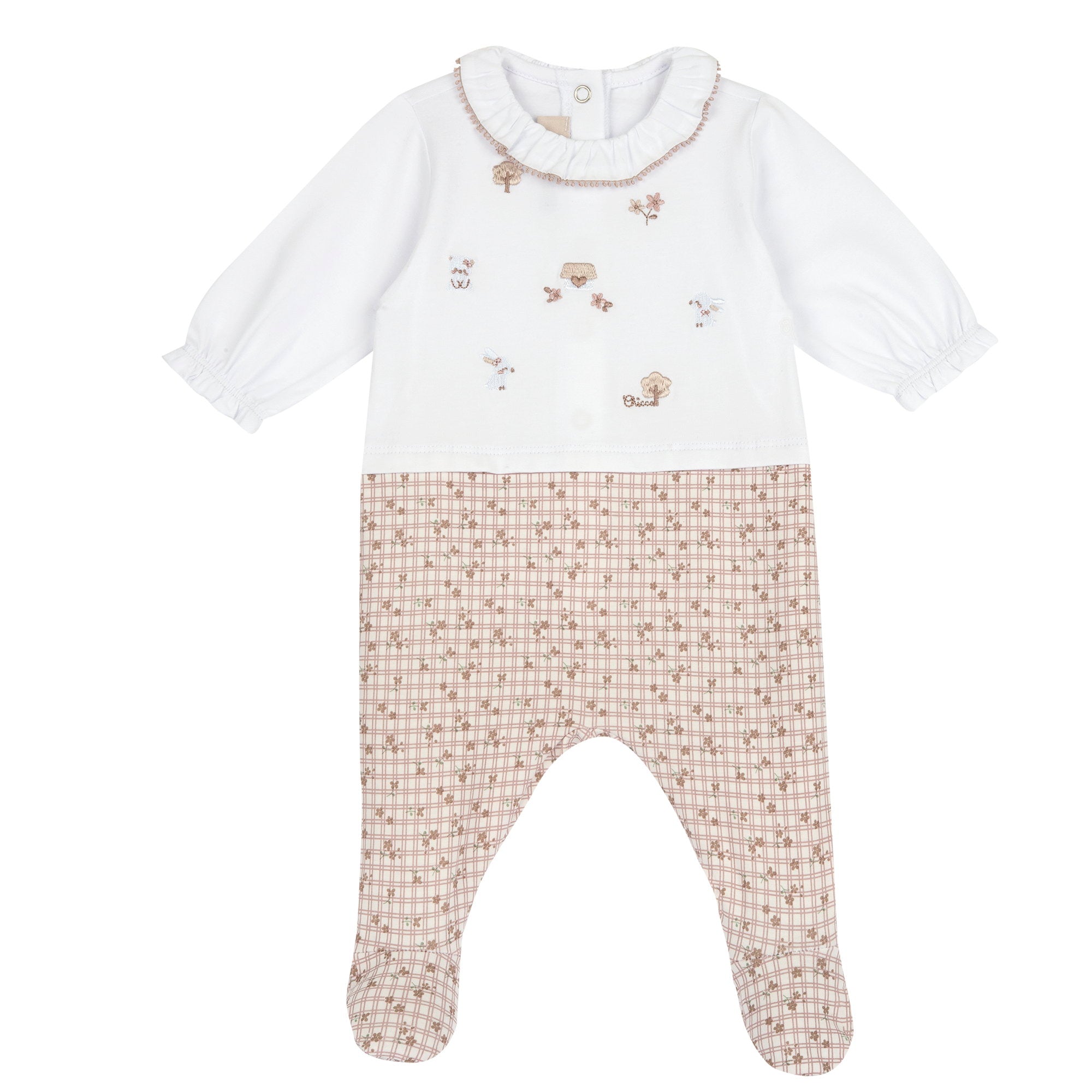 Natural Printed Embroidered Cotton Stretch Babysuit with Nappy Opening for Girls