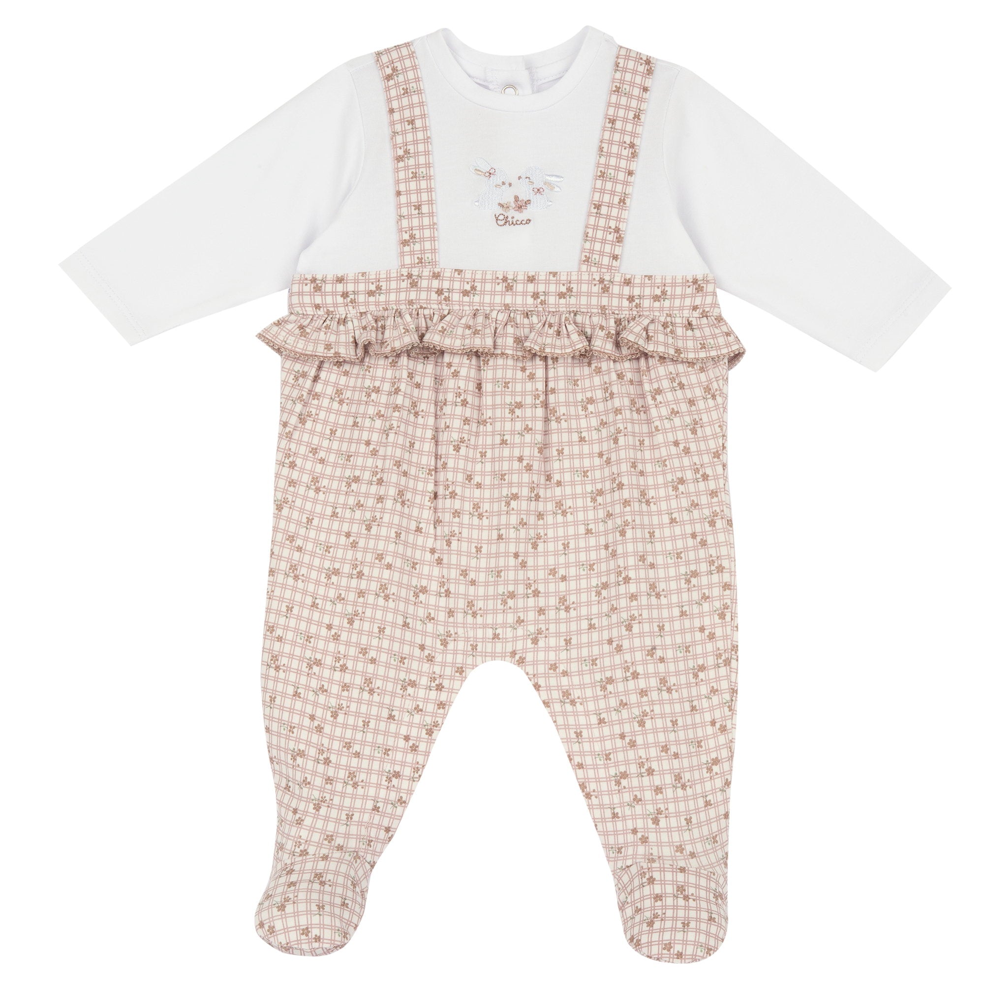 Embroidered Stretch Cotton Babysuit with Leg Opening for Girls in Natural Print