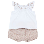 Embroidered Cotton Blend Top & Shorts Set for Girls in Natural Print