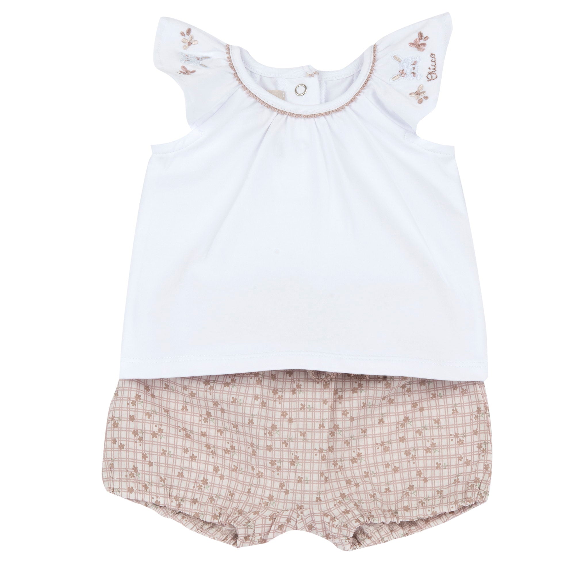 Embroidered Cotton Blend Top & Shorts Set for Girls in Natural Print