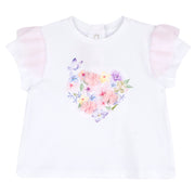 Playful Graphic Cotton Blend Tee for Girls in White & Pink Tones
